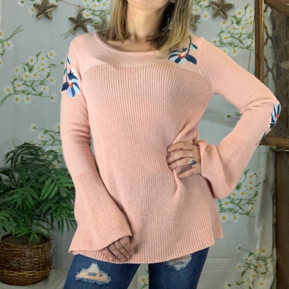 St. John's Bay Tops - EUC baby pink embroidered waffle knit blouse